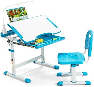 Maxmass Kids Study Desk Chair Set, Height Adjustable Children Table and Chair with Tilted Desktop, Book Stand, LED Lamp and Pull-Out Drawer, School Students Work Station for Reading Writing (Blue)