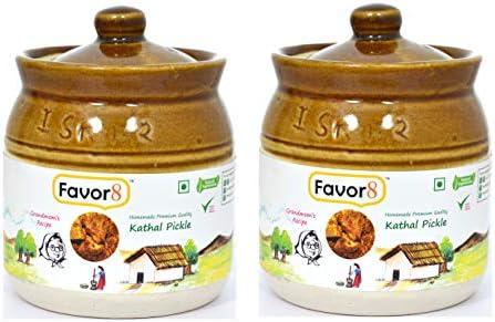 Favor8 Jackfruit Pickle Traditional Kathal ka Achaar, Homemade Banarasi Recipe Masaledar Jackfruit Pickle ( Made by Khachi Ghani Mustard Oil )Ceramic Jar 400ml - Pack of 2x350g