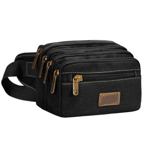 Riñonera de gran capacidad negra de lona unisex bandolera multibolsillos para deporte