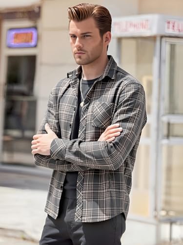 BAYAMO Men's Flannel Button Down Shirt Casual Plaid Long Sleeve Fall Jacket Lightweight Soft Tops with Pockets Grey XL — view 4