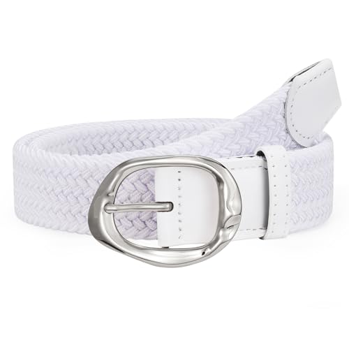 JASGOOD Braided Elastic Belt for Women Stretchy Woven Golf Belt Casual Web Belt for Jeans Pants with Silver Buckle, White, Fit Waist Size 32inch-36inch