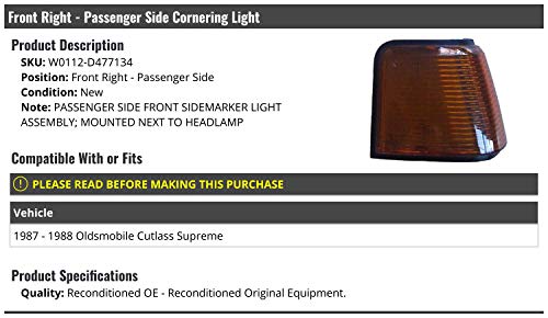 Front Right Passenger Side Cornering Light - Compatible with 1987-1988 Oldsmobile Cutlass Supreme