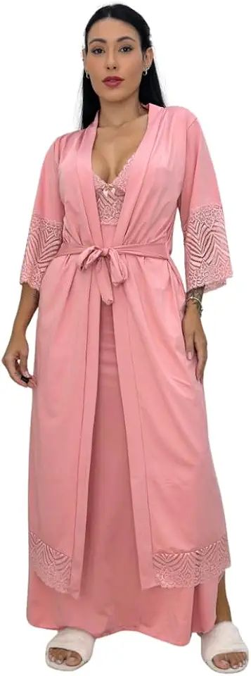 Kit Maternidade Camisola e Robe Amamentação com Renda