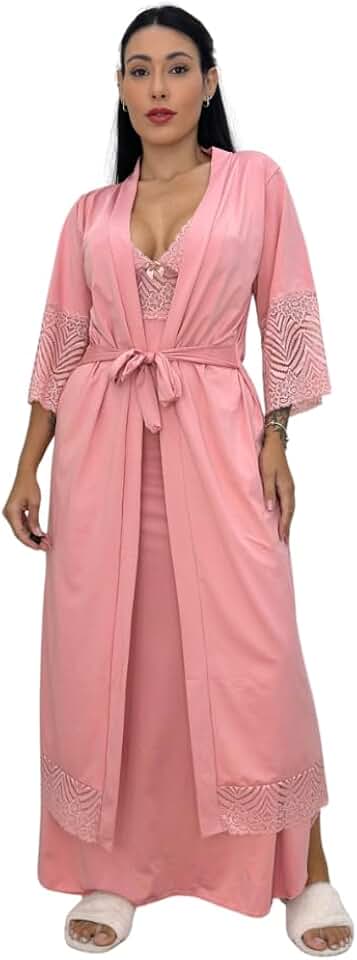 Kit Maternidade Camisola e Robe Amamentação com Renda