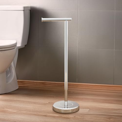 Image of Gatco 1437C Latitude II Freestanding Toilet Paper Holder, Chrome Bathroom Tissue Roll Stand with Modern Floor Standing Design