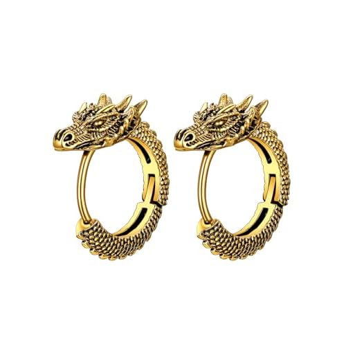 ChainsHouse Dragon Hoop Earrings for Men, Stainless Steel/14K Gold/Black Punk Rock Earrings Hypoallergenic Lightweight Stud Earrings Huggie Hoop Earrings Mens Jewelry Gift B: Dragon-Gold