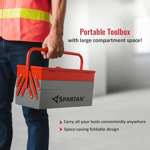 Image of Spartan 17 Inch Portable Metal Tool Box with 5 Fold-Out Trays, Secure Locking System & Easy-Grip Round Handle | Heavy-Duty Rust-Resistant Storage Organizer for DIY, Home Repair, Garage & Jobsite Use