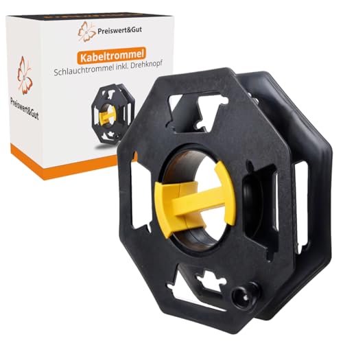 Preiswert&Gut Kabeltrommel leer 25 m Handkabeltrommel Kabelaufroller manuell Kunststoff schwarz gelb Kabelwickler Kabelrolle ohne Kabel für Schlauch Seil Lichterkette