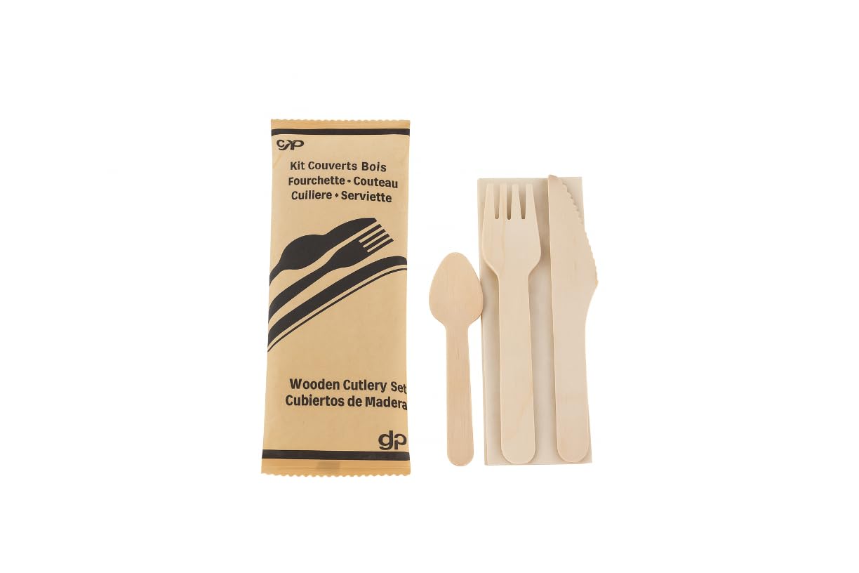 250 Kits Couverts Jetables en Bois – Couteau, Fourchette, Cuillère Dessert, Serviette – Écologiques, Zéro Déchet, Idéal Restauration, Traiteur, Événements, Repas à Emporter (4, Kit 4 Pièces)