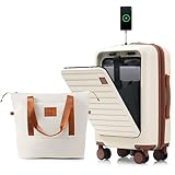 Clyrava 20 Inch Carry On Suitcase with Built In Cup Holder and USB Charging, Lightweight Hardside Luggage Set with Matching Cosmetic Travel Bag for Airplane Trips (lvory)