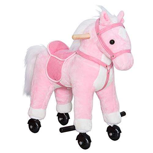 Qaba Kids Ride on Walking Horse Pony Plush Walking Animal with Wheels and Realistic Sounds for 3 Years Old Children - Pink