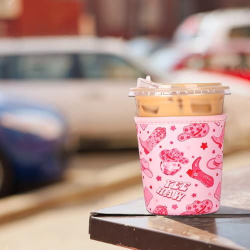 Image of Reusable Insulated Neoprene Iced Coffee Cup Sleeve, Durable Drink Sleeve for Cold Beverages, Beverage Holder for Iced Coffee (Pink Cowgirl)