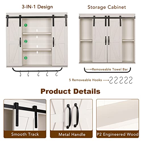 Rustown Rustic Wood Wall Storage Cabinet With Two Sliding Barn Door, 3-Tier Decorative Farmhouse Vintage Cabinet For Kitchen Dining, Bathroom, Living Room, Vintage White #TOP5