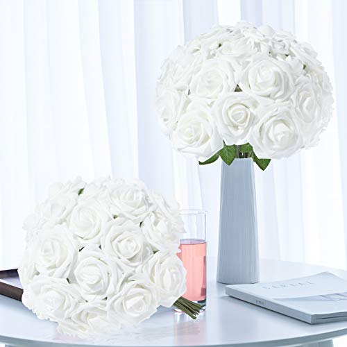 Ezflowery Artificial Roses Flowers 25Pcs Real Looking Fake Roses W/Stem For Diy Wedding Bouquets Centerpieces Arrangements Bridal Shower Party Home Decorations (White) #TOP3