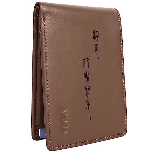 RFID Men Painted Wallet Genuine Leather Bifold Slim Characters Money Clip Minimalist Cards Holder for Male (coffee-Ancient Chinese characters)