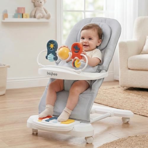 Image of Baybee Nestra Rocker for Baby 0-2 Years| Bouncer with Music & Light Kick Piano | 3 Recline Positions | Removable Toy Tray | Wheels with Safety Lock | Breathable Seat | Foldable Design (Grey)