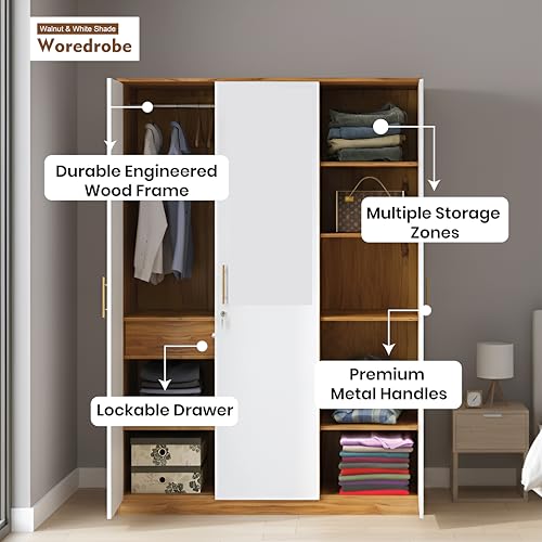 Image of Callas 3 Door Wooden Wardrobe for Bedroom | Engineered Wood Almirah with Hanging Rod, Lockable Door & Drawer |1 Year Warranty with Free Installation