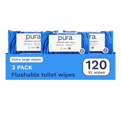 Pura Öko Spülbares Feuchtpapier, 1 Packung (40 Tücher), 100% plastikfrei, 99% Wasser, sensible und pflegende Feuchttücher, zertifiziert 'Fine to Flush' biologisch abbaubar, vegan (Packung mit 3)
