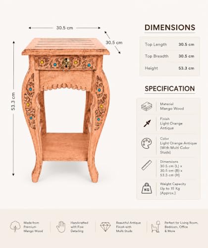 Image of Multipurpose Table Outdoor Indoor Stool Flower Vase Stool with One Drawer Material Mango Wood Size 30.5CM x 30.5CM x 53.3CM (Lite Orange Antique)