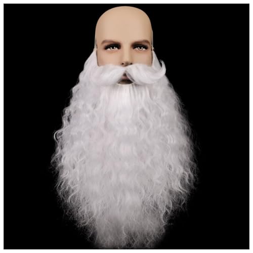 Honcloud 18 Inches Mens Long Curly White Synthetic Pre - styled Realistic Fake Beard for Wizard Costume and Halloween Party((White)