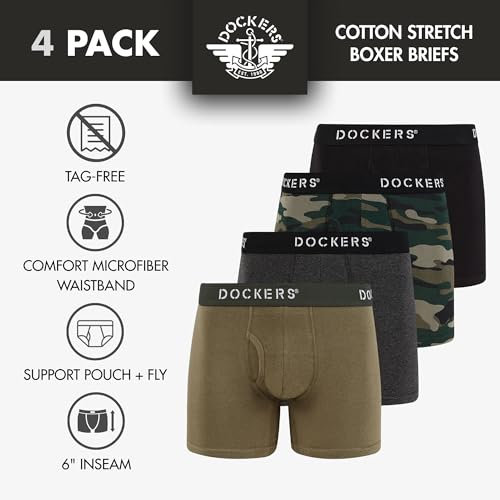 DOCKERS Men's Underwear Cotton Stretch Boxer Briefs for Men Pack of 4