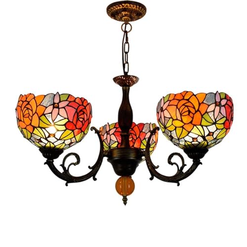 IDHBGJD Lámpara de Techo Tiffany de 3 Cabezales de 8 Pulgadas, Rosas Brillantes, decoración de Estilo Vintage, lámpara Colgante para Comedor, Sala de Estar, Dormitorio, Restaurante, Pasillo