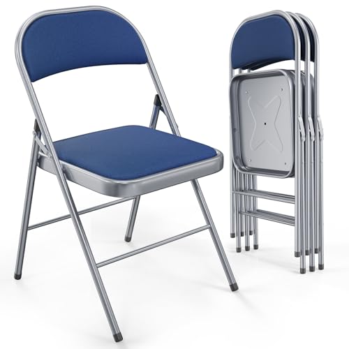 Image of VINGLI 4 Pack Folding Chairs with Padded Seats, Metal Frame with Fabric Seat & Back, Capacity 350 lbs, Blue, Set of 4
