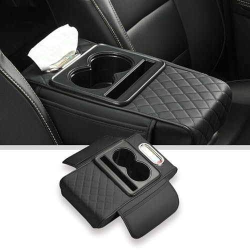 Image of Car Armrest Cushion Console Organizer with Cup Holder, Tissue Box Slot, Phone Storage Pocket, PU Leather Center Console Pad with Side Pockets for Cars SUV Sedan Interior Accessories