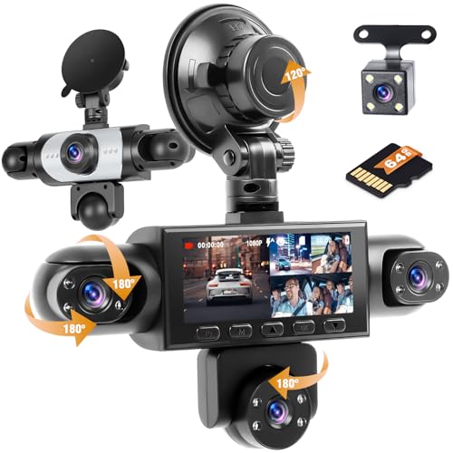 Ohradio Dashcam Coche 5 Canales, 360°Dash CAM 1080P Delantera y Trasera Izquierda Derecha +cámara Trasera, con Tarjeta SD de 64GB, Cámara para Coche con Grabación en Bucle Visión Nocturna