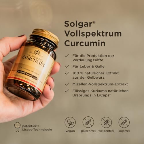 SOLGAR® Vollspektrum-Curcumin | 40mg Curcumin pro Kapsel | Patentiertes Verfahren für eine bis zu 185-fach höhere Bioverfügbarkeit | 100% natürlicher Ursprung | 90 Weichkapseln für 3 Monate