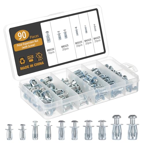 Gueenky 90 Piezas Tacos de Expansión, M4 M5 M6 M8 Tacos Anclaje de Expansion Pared Hueco Tacos Metálicos para Materiales Huecos para Chapa Hierro Chapa Plástico Chapa Aluminio