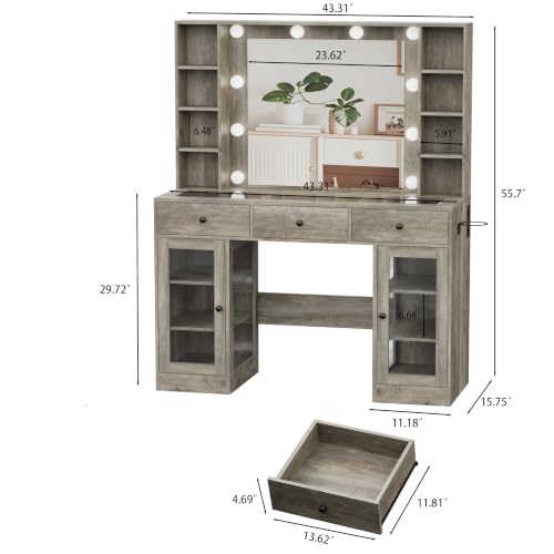 Image of Grey Vanity Desk with Mirror and Lights, Glass Top Vanity with Lighted Mirror & RGB Glass Cabinet and 3 Drawers, Farmhouse Makeup Vanity Desk with Lights Dressing Table for Bedroom, 3 Color Modes