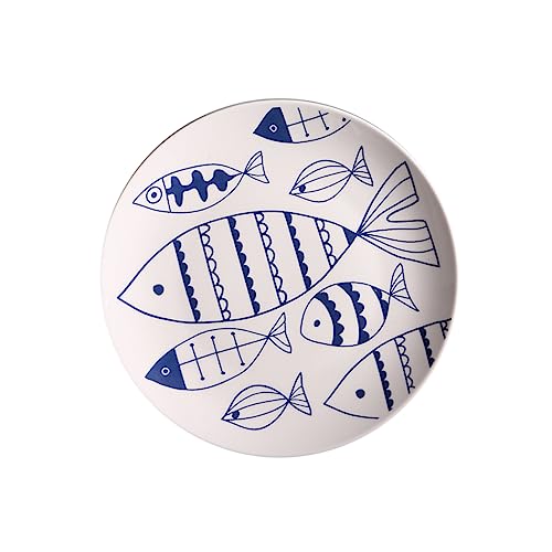 LALADEFIEE 1pezzi Piatto Ceramico Con Disegno Mano Di Pesci Elegante Piatto Da Tavola Porcellana Per Uso Domestico Per Amici e Famiglia