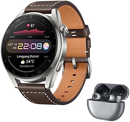 HUAWEI WATCH 3 Pro - 4G Smartwatch, eSIM Telefonie, 30 Monate Garantie, braunes Lederarmband + FreeBuds Pro, Silver Frost