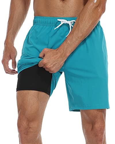 Nonwe Mens Swim Trunks with Compression Liner Quick Dry Hawaiian Bathing Suits 2 in 1 Board Shorts with Pockets