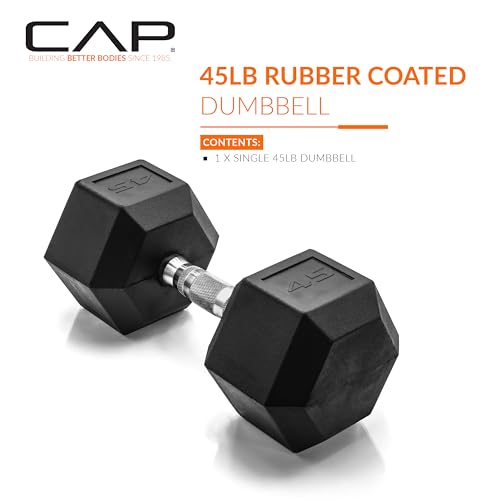 Image of CAP Rubber Coated Dumbbell Weights, Free Weights for Home Gym Strength Training, Anti-Roll Hex Dumbbells with Black, Chrome & Comfort Grip Handles, Singles