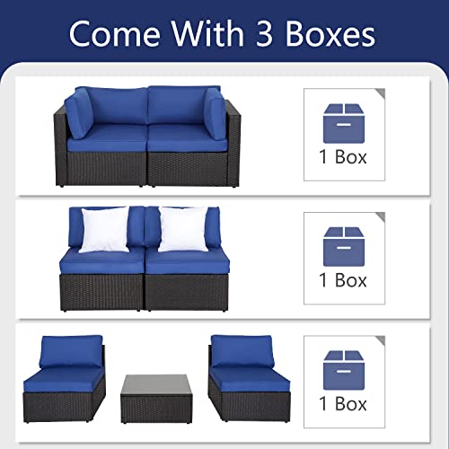 Kinfant Outdoor Patio Furniture Set Wicker Conversation Set - PE Rattan Sectional Sofa with Glass Table and Cushions for Garden Poolside Porch Balcony (Dark Blue) - Thumbnail 6