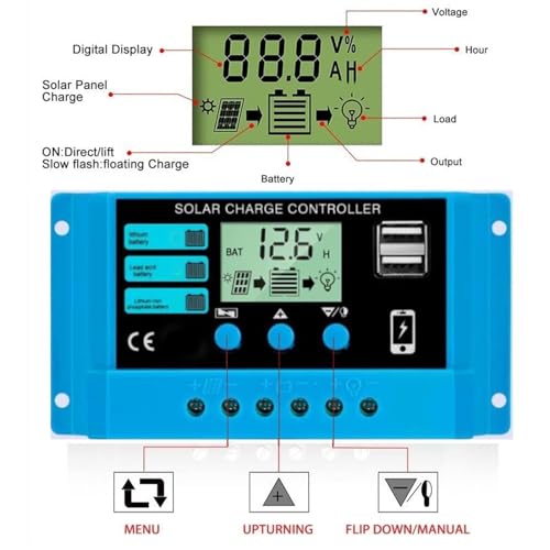 Image of Skypearll Solar Charge Controller 30A, 12V /24V Intelligent Battery Regulator for Lead Acid & Lithium Battery with LCD Display with 3A USB Port (30 AMPERE - Sky Blue)