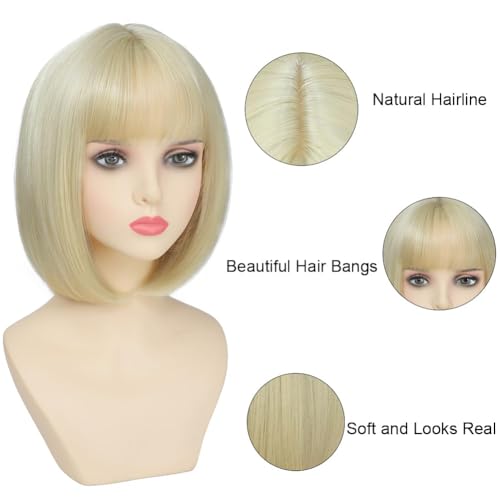 Refined hair Blonde Bob Wig with Bangs 12 Inch Short Straight Synthetic Wig for Women Girls Natural Looking Heat Resistant Glueless Cute Wig for Daily Party Halloween Cosplay by Refined hair - Used condition - Image 4