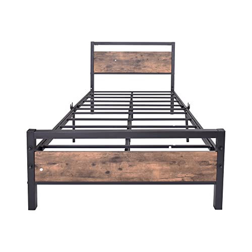 Jurmerry Twin Size Metal Platform Bed Frame With Wooden Headboard And Footboard Heavy Duty Steel Support, Mattress Foundation, No Box Spring Needed, Easy Assembly, Black Rb #TOP3