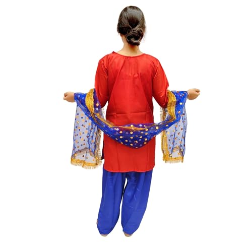 Image of Kaku Fancy Dresses Punjabi Girl Ethnic Costume for Kids - Red & Blue Salwar Suit Dress with Dupatta | Indian State Fancy Dress for Girls (10-12 Years)
