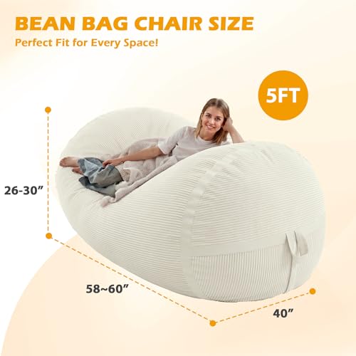 Image of 5FT Bean Bag Chair 5'Giant Bean Bag Chairs with Adults, Large Beanbag Chair | Bean bag Lounger with Machine Washable Cover Corduroy Fabric, Comfy Chairs for Living Room Bedroom Dorm, Beige
