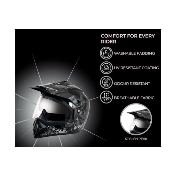 Vega Off Road Sketch ISI Certified Gloss Finish Full Face Dual Visor with Peak Helmet for Men and Women Outer Clear Visor and Inner Smoke Sun Visor(Black Silver, Size:M)