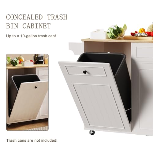 MEETFAV Modern Kitchen Island Cart with Power Outlet & Drop Leaf, Rolling Storage Island Table with Concealed Trash Bin Holder, Mobile Breakfast Bar with Drawer, Adjustable Shelf and Spice Rack - image 6