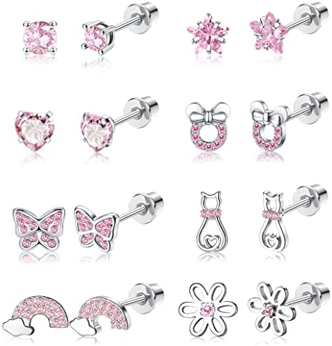 YADOCA 8 Pairs Hypoallergenic Earrings for Women Girls Surgical Steel Cubic Zirconia Heart Stars Rainbow Screw Back Earring Flower Multicolored Butterfly Stud Earrings Set
