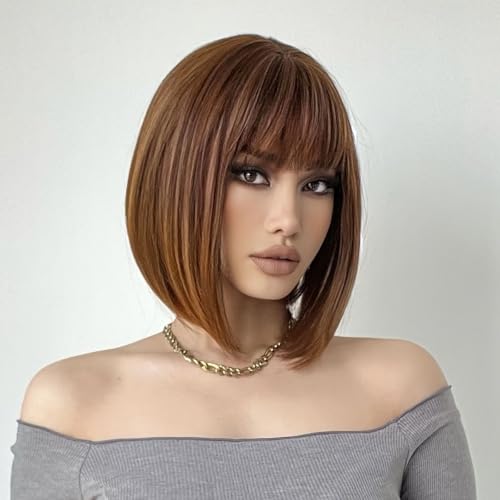 ATAYEA Brown Bob Wig With Bangs Short Brown Wig for Women 12 Inch Straight Bob wig with Bangs Synthetic Colorful Cosplay Daily Party Use (Brown,12Inch)