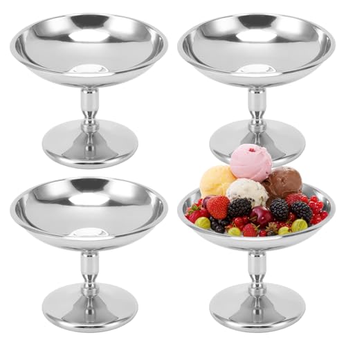 4 Pezzi Coppe Gelato, Ø 10cm 100ml Tazza per Gelato in Acciaio Inossidabile Vintage Ciotola per Gelato Rotondo da Dessert con Piede, Bicchieri da Gelato Yogurt Tazze Caramelle Ciotele (Vintage Tall)