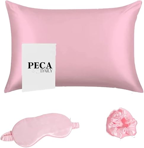 Peca Daily - Juego de 3 fundas de almohada de seda real, funda de almohada de seda de morera, coletero y máscara de ojos para cabello y piel fundas Peca Daily - Juego de 3 fundas de almohada de seda real, funda de almohada de seda de morera, coletero y máscara de ojos para cabello y piel fundas