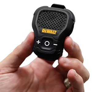 DEWALT Wearable Bluetooth Portable Speaker — Magnetic Clip-On Wireless Bluetooth Speaker — Jobsite Pro Water-Resistant Portable Speaker — Built-in Mic for Hands-Free Music and Calls