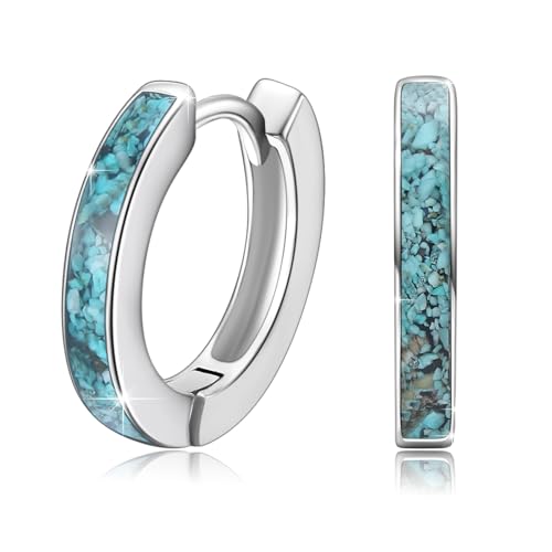 925 Sterling Silver Turquoise Earrings Small Hinged Hoop for Women Men 14mm
